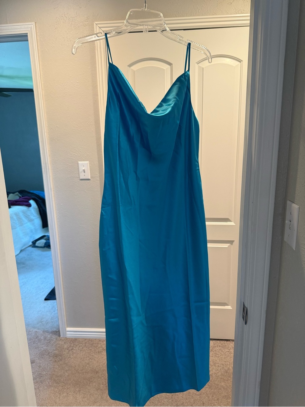 Satin Slip Cowl Neck Dress in Teal Blue